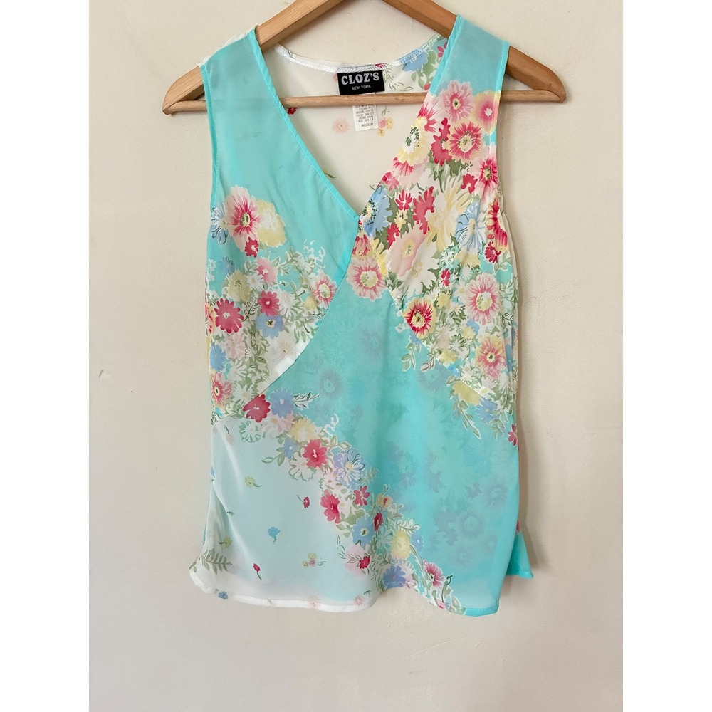 Cloz's NY Y2K Floral V-Neck Sleeveless Blouse Aqua Blue Coquette M